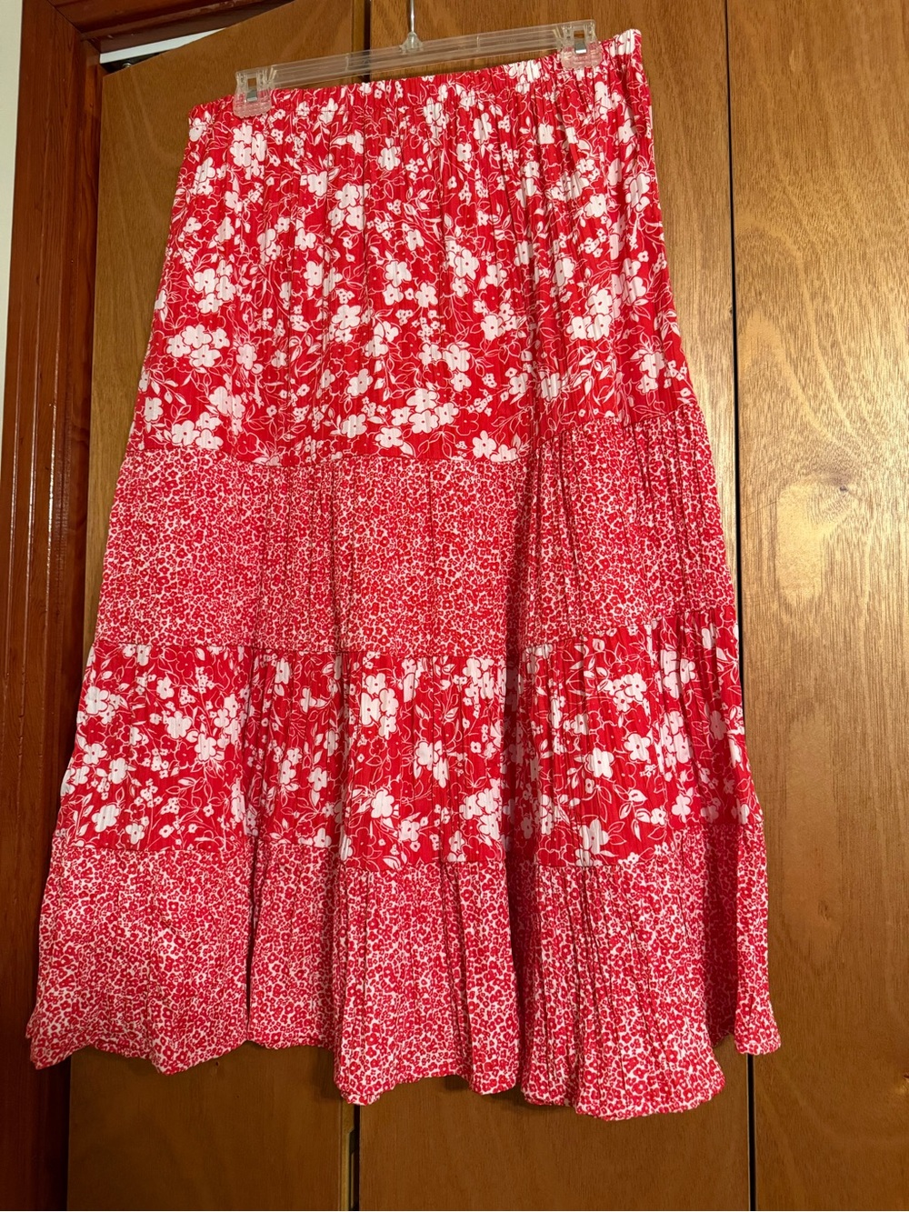 Susan Graver Red and White Floral Tiered Midi Skirt